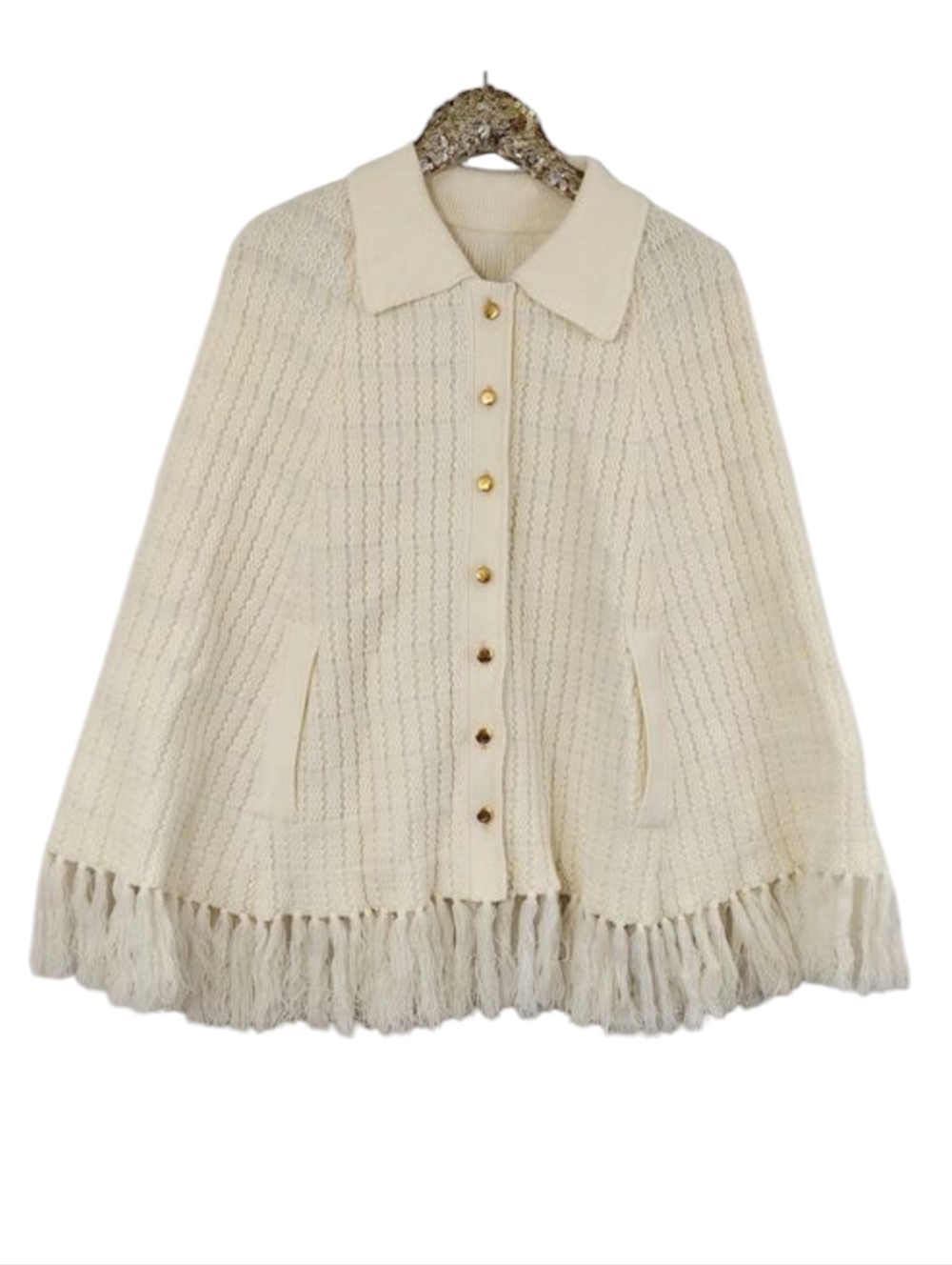 Vintage No Brand Tag Womens Cream Knit Poncho Cape